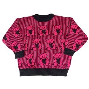 VTG Adele Knitwear Teddy Bear Black Hot Pink Pullover Sweater Women’s Kawaii